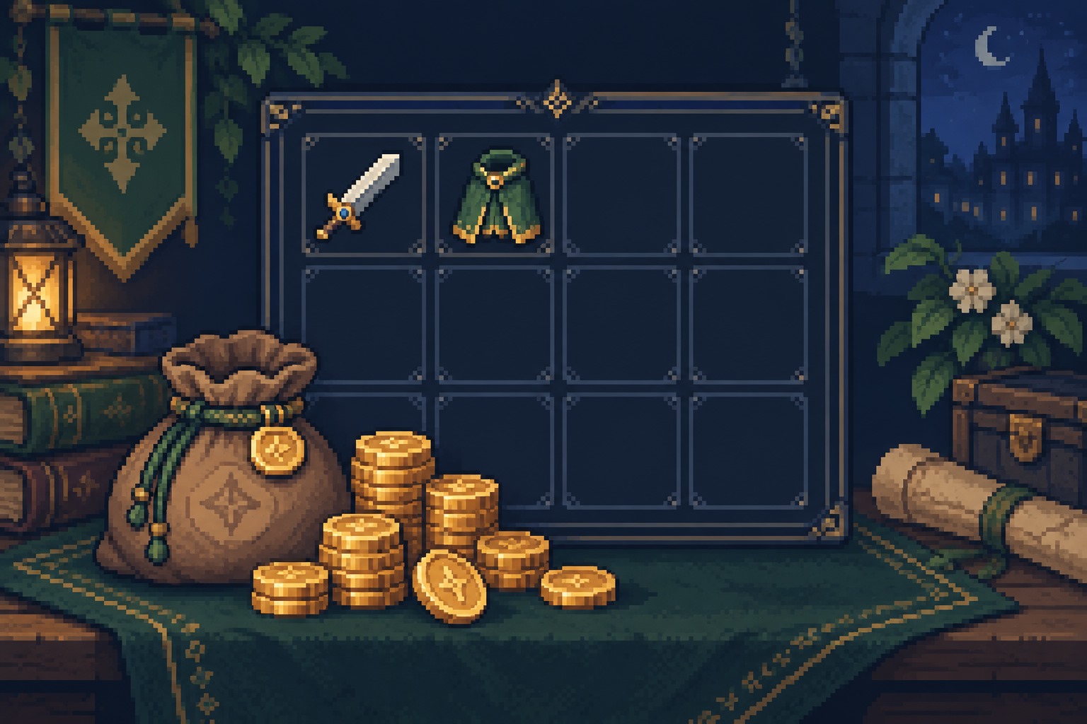 픽셀 아트로 그린 온라인 RPG 인벤토리의 금화와 장비 아이템